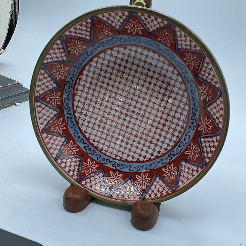 Vintage I.Magnin brass ceramic hand decorated dish.